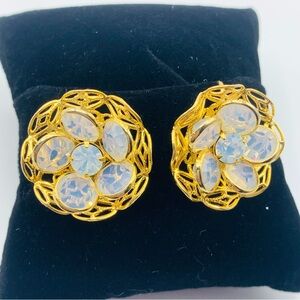 Vintage Gold-Tone Filigree Clip-On Earrings with Opalescent Glass Floral Design